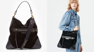 composite of flat lay and model wearing isabel marant BOTSY DAY HOBO SHOULDER BAG IN SUEDE
