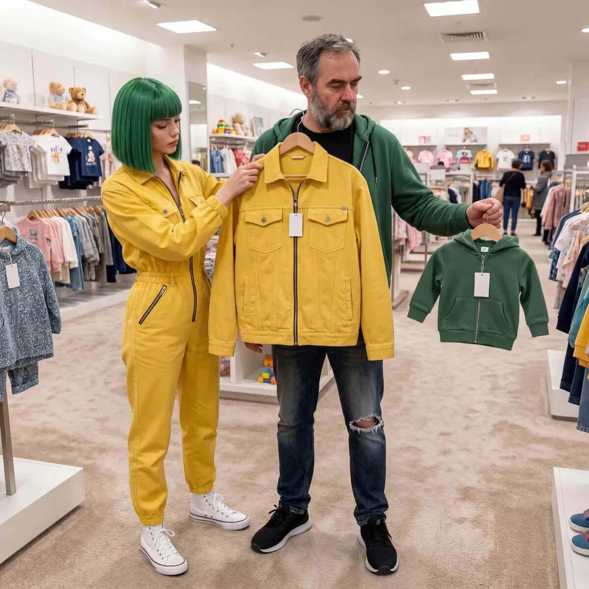 A lifelike, robot woman wearing a yellow jumpsuit interacts with a real man.