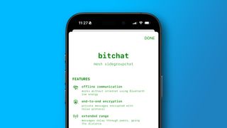 An iPhone showing the Bitchat Mesh app running on an iPhone.
