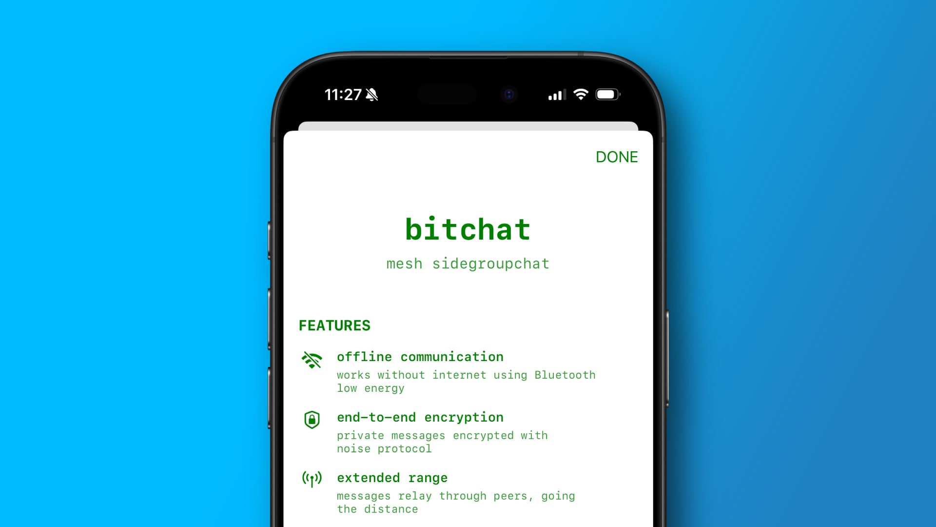 An iPhone showing the Bitchat Mesh app running on an iPhone.