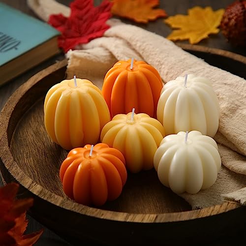 Mtlee 6 Pieces Thanksgiving Pumpkin Shaped Soy Candles Fall Scented Tealight Candles Home Decor Handmade Thanksgiving Gifts for Bedroom Bathroom Party (orange, White, Pumpkin)