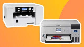 Best sublimation printers; two white printers on a yellow background