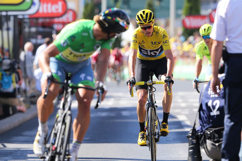 Peter Sagan checks on Chris Froome (Team Sky) after winning stage 11