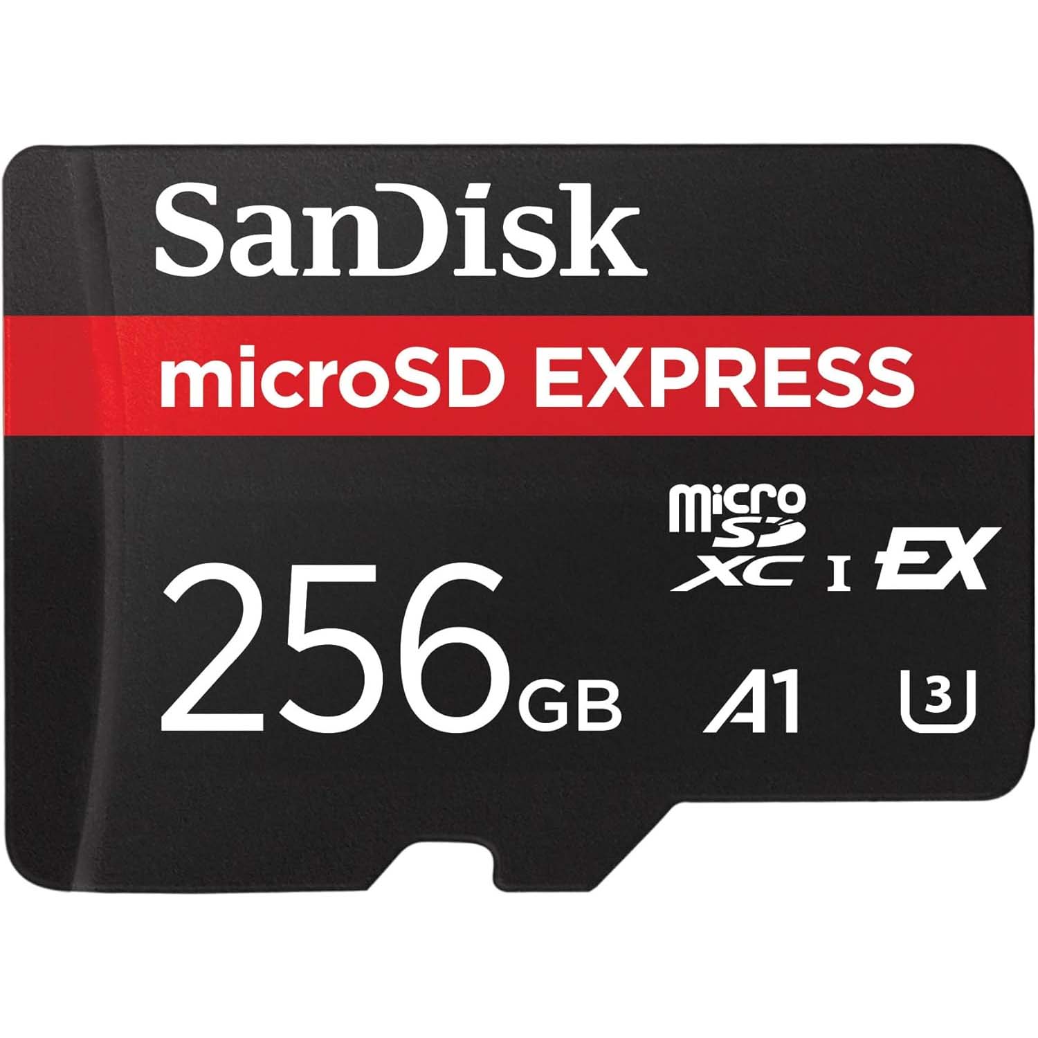 A black 256GB SanDisk microSD Express card on a white background. 