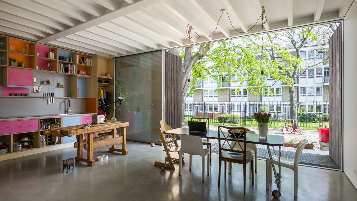 modern kitchen with dining area and view to outside