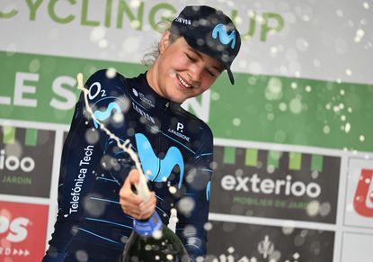 Emma Norsgaard (Movistar) celebrates after winning the 2022 Le Samyn des Dames