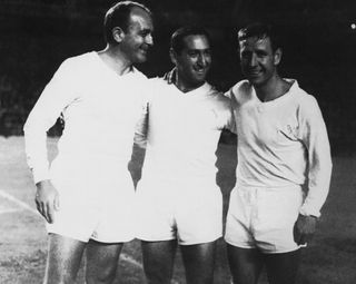 Paco Gento (centre) with Alfredo Di Stefano and Raymond Kopa at Real Madrid in 1965.