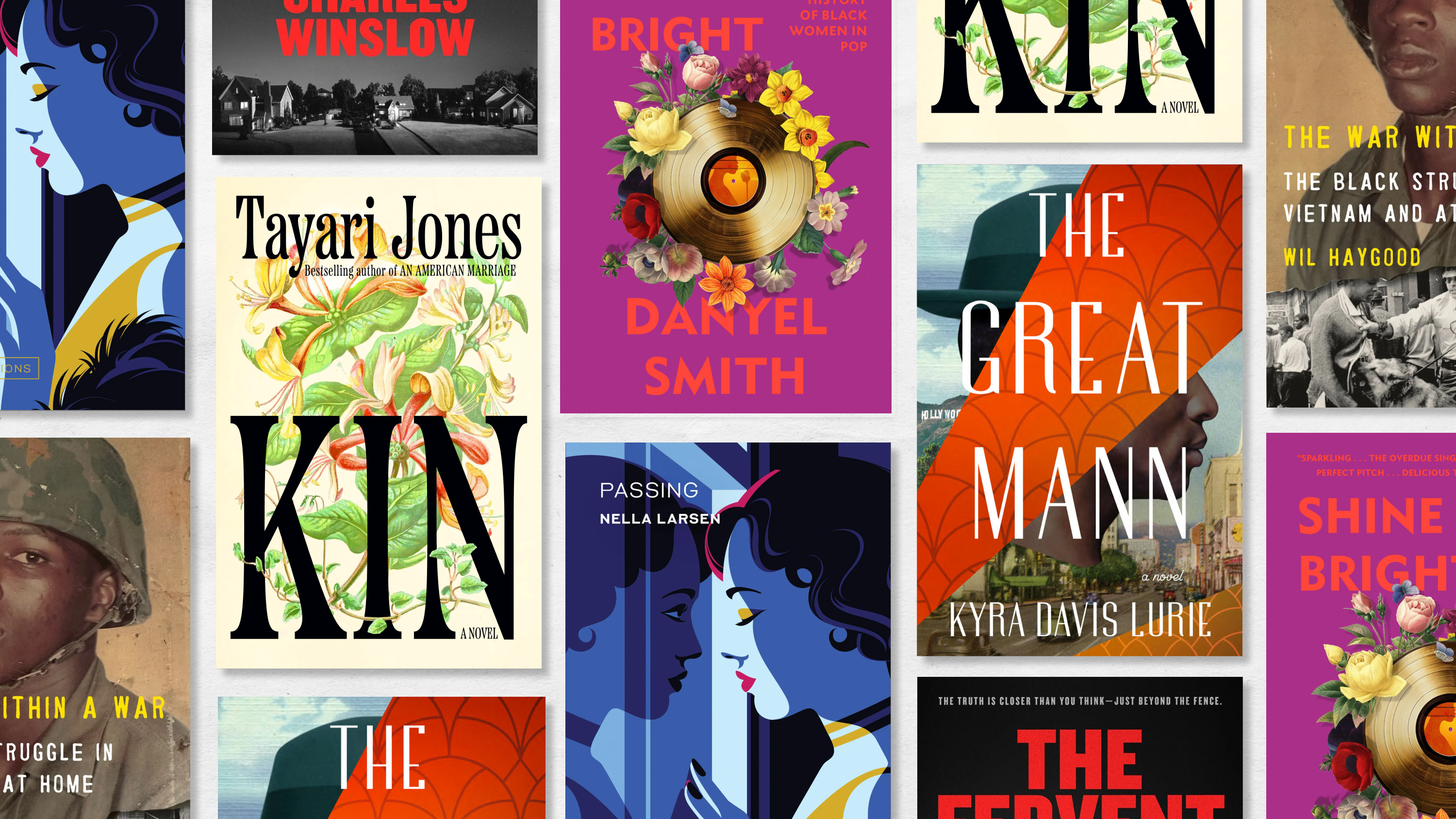 a collage of book covers of the best books to buy and read over juneteenth weekend incluing kin the great mann passing and more