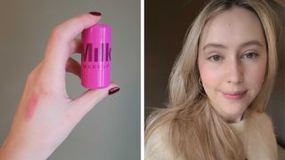 On the left, a close-up of Digital Beauty Writer, Naomi's hand holding the Milk Jelly Tint in splash - with a swatch of the shade on her hand - and on the right, a picture of Naomi wearing the blush on her cheeks and lips.