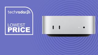 The Apple Mac mini (M4) on a purple background with text saying Lowest Price.