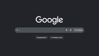 The Google search bar, with 'Google Search' and 'I'm Feeling Lucky' buttons below and a tab for 'AI mode' to the side. This is the web page in dark mode, so the Google logo is on a grey background.