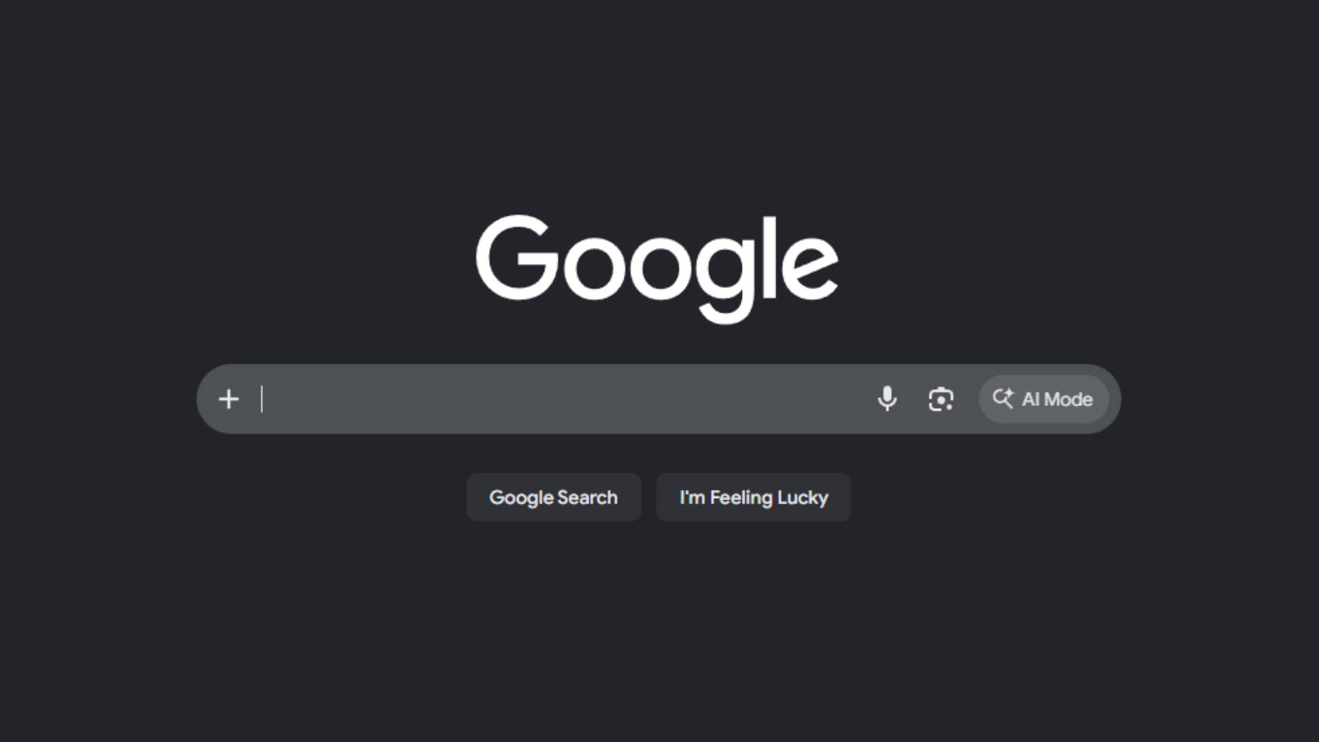 The Google search bar, with 'Google Search' and 'I'm Feeling Lucky' buttons below and a tab for 'AI mode' to the side. This is the web page in dark mode, so the Google logo is on a grey background.