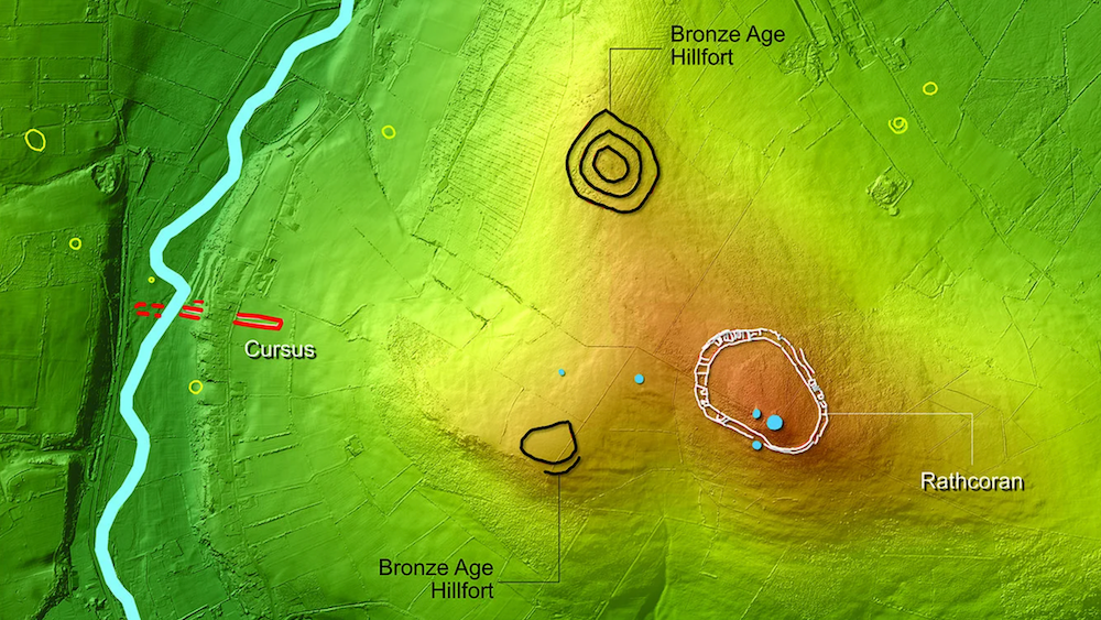 A lidar image of the Irish countryside showing monuments detected