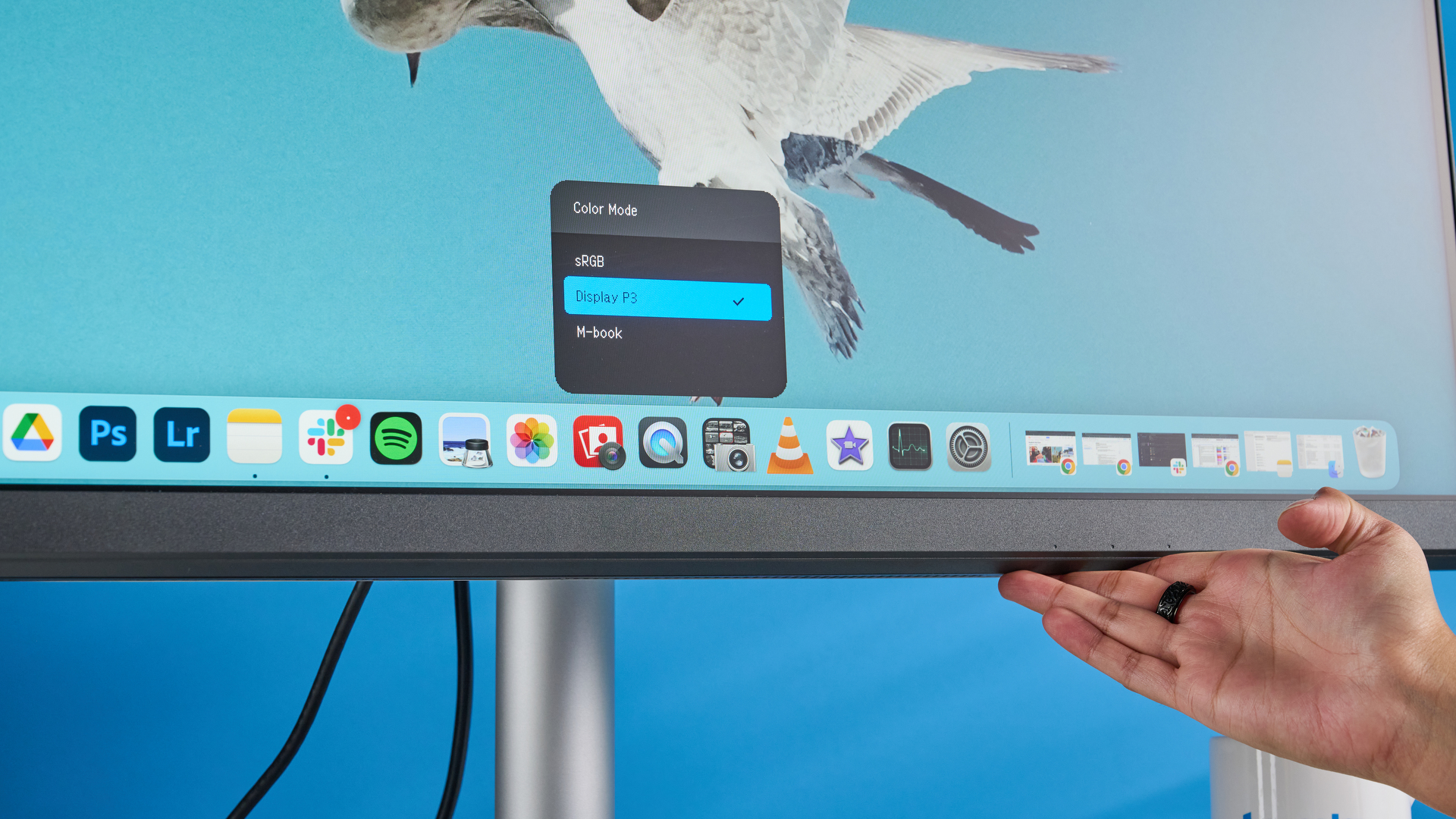 A photo of the BenQ PD3226G monitor in a blue-walled studio