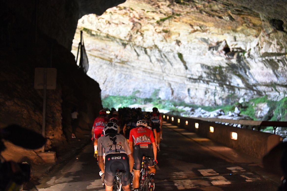 The Tour de France heads through a cavern on stage 16