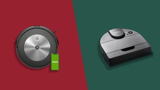 The iRobot Roomba J7 on a red background and the Neato Intelligent D10 on a green background