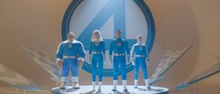 Ebon Moss-Bachrach as Ben Grimm/The Thing, Vanessa Kirby as Sue Storm/Invisible Woman, Pedro Pascal as Reed Richards/Mister Fantastic and Joseph Quinn as Johnny Storm/Human Torch in The Fantastic Four: First Steps