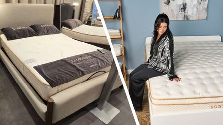 A split screen of one image of a woman sitting on the edge of the luxury hotel-style Saatva Classic mattress in a bedroom, and another image of a Saatva viewing room.