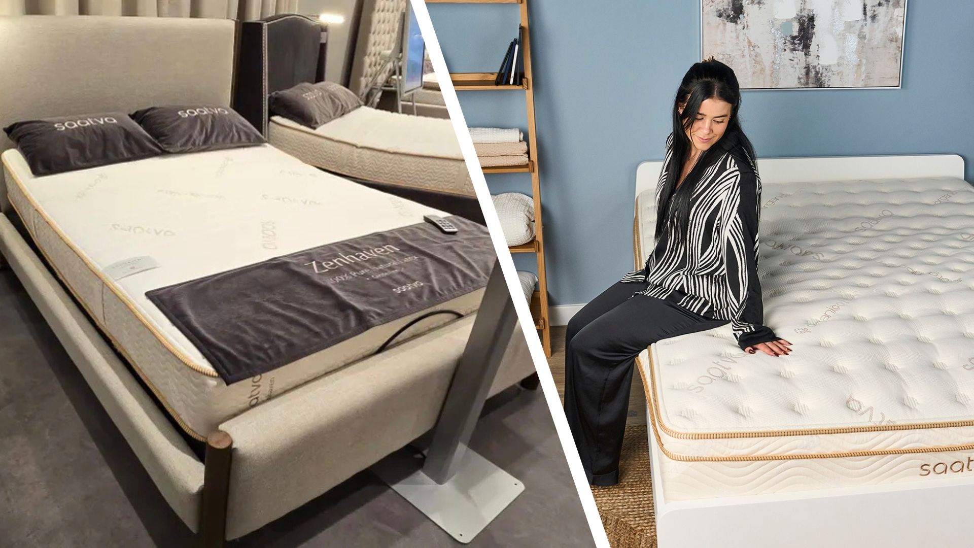 A split screen of one image of a woman sitting on the edge of the luxury hotel-style Saatva Classic mattress in a bedroom, and another image of a Saatva viewing room.