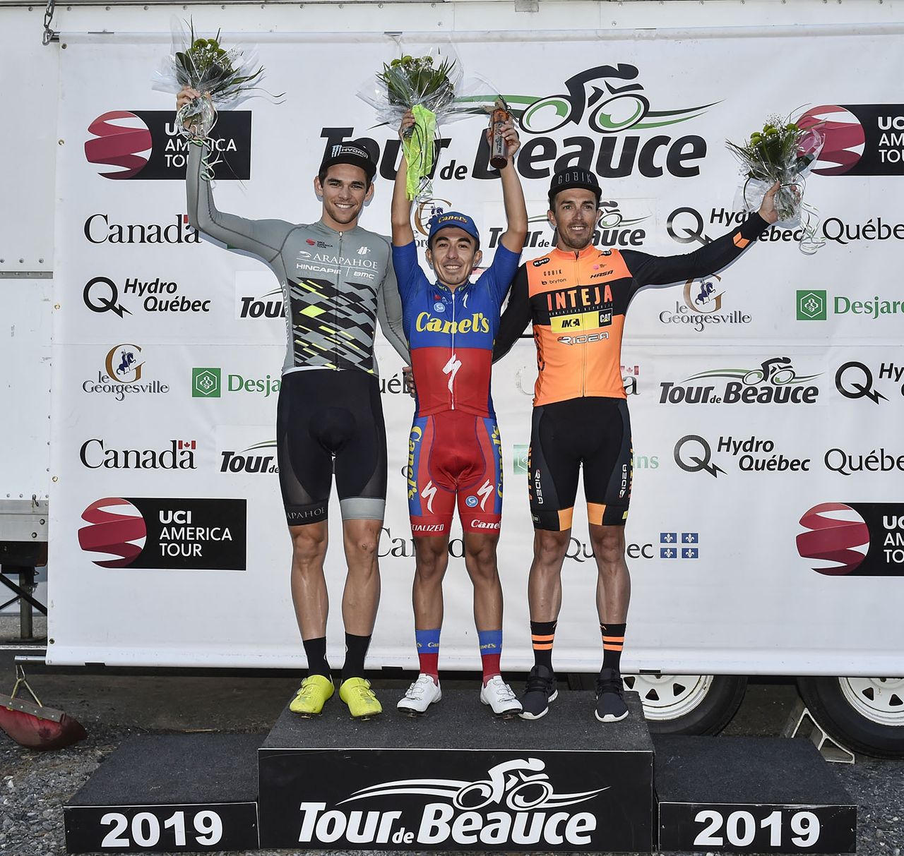 The stage 3b podium: Brendan Rhim, Pablo Andres Alarcon Cares, Diego Milan Jimenez.