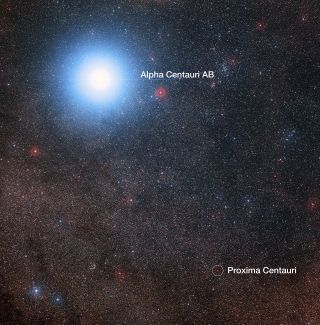 This image of the sky around the bright binary star Alpha Centauri AB also shows the much fainter red dwarf star, Proxima Centauri, the closest star to our own solar system. The photo was created from pictures forming part of the Digitized Sky Survey 2. The blue halo around Alpha Centauri AB is an artifact of the photographic process; the binary is really pale yellow in color, like the sun.