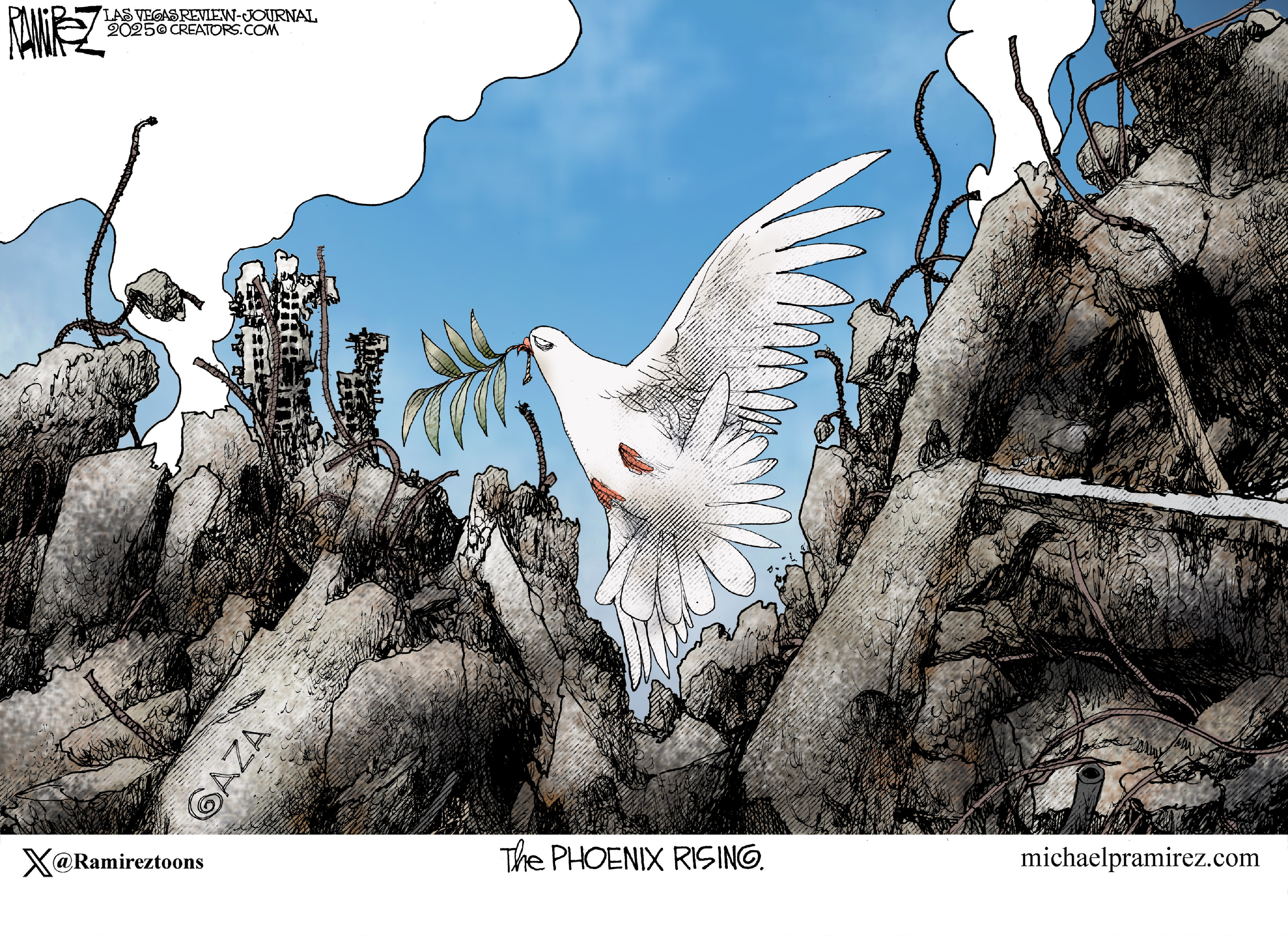 This cartoon is titled &amp;ldquo;The Phoenix Rising.&amp;rdquo; It depicts a dove of peace with an olive branch taking flight from a war-torn Gaza filled with ruins and smoke.