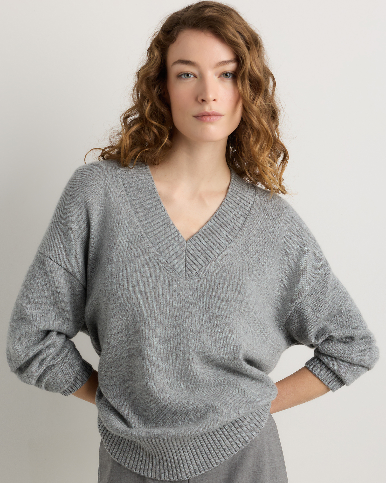 Mongolian Cashmere Oversized V-Neck Sweater in True Navy