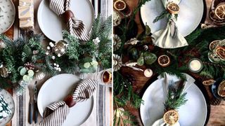 Close up details of two Christmas dining tables with neutral colour schemes and rustic table decorations