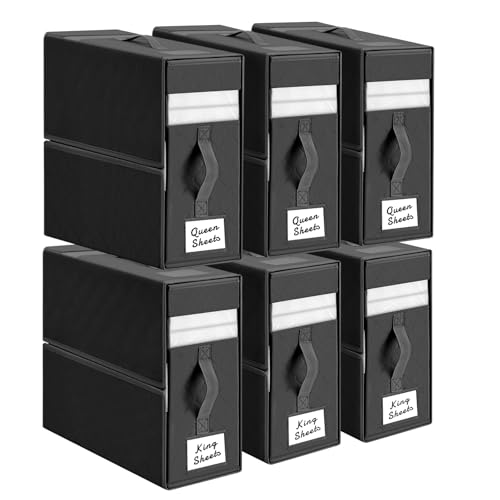 Homsorout Bed Sheet Organizers and Storage - Foldable Sheet Organizer With Window, Linen Bedding Storage With Label, Xl Sheet Storage Organizer for Blanket, Duvet Covers, Pillow, Black, 6 Pack