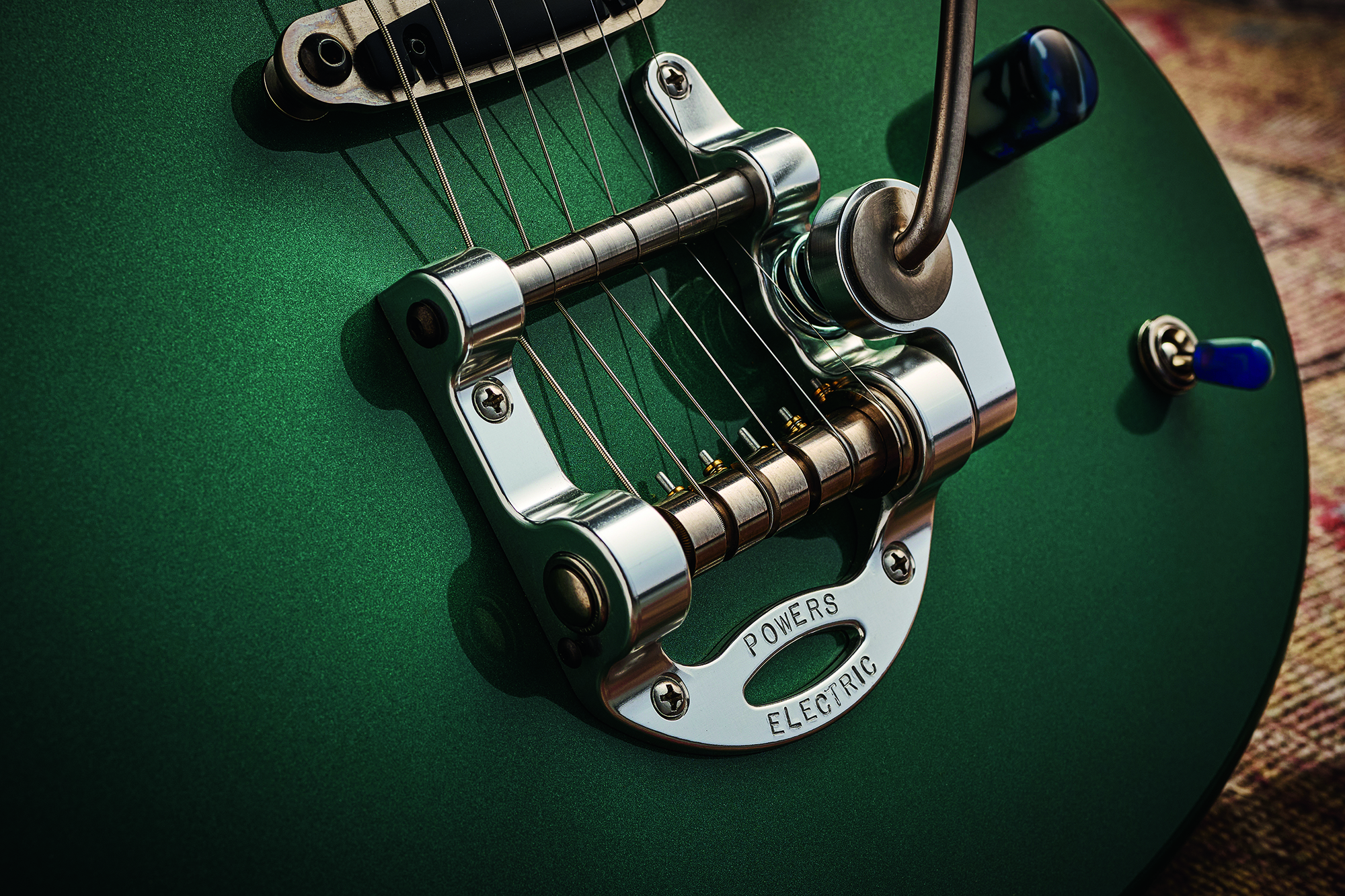 A photo showing a detail of the Powers Electric A-type electric guitar