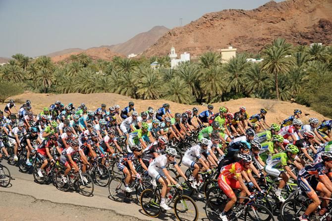 The Tour of Oman peloton en route from Fanja in Bidbid to Al Bustan during stage 2.