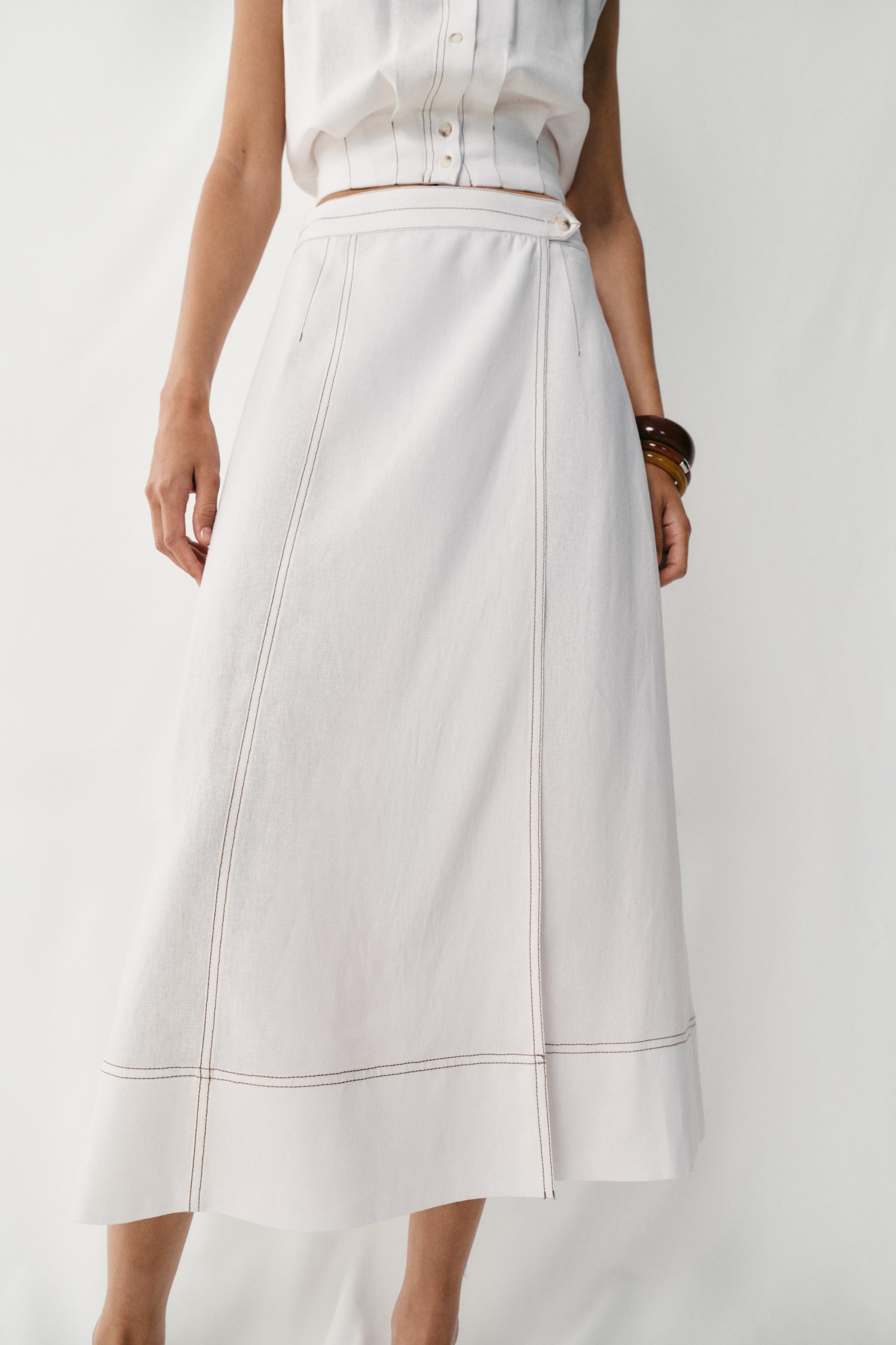 Linen Wrap Skirt With Topstitching - White - Xs