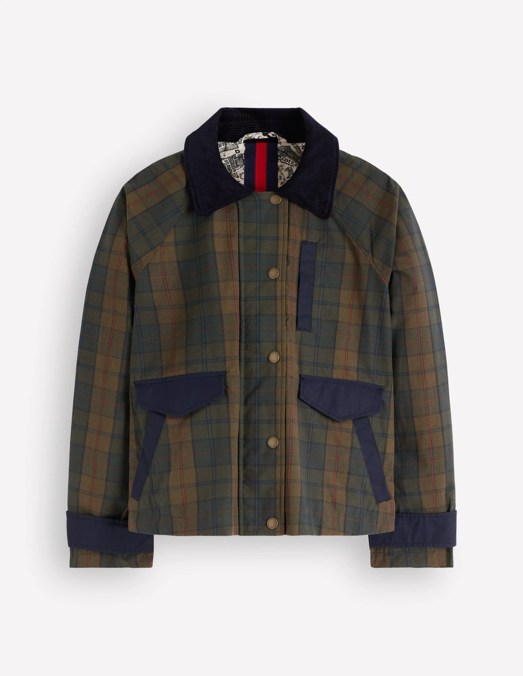 Boden, Raglan Wax Jacket-Olive and Camel Wax Check