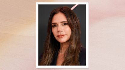 Image of Victoria Beckham smiling with curled brunette hair, on a pink watercolour background