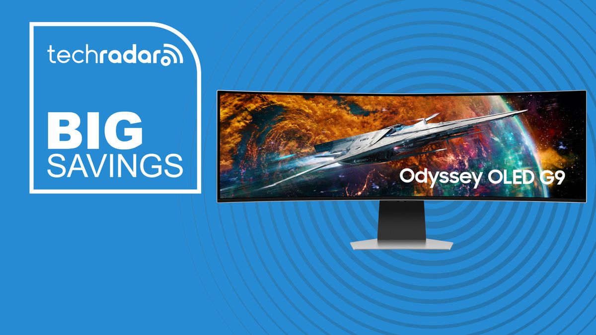 The Samsung Odyssey OLED G9 ultrawide monitor on a blue background,