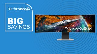 The Samsung Odyssey OLED G9 ultrawide monitor on a blue background,