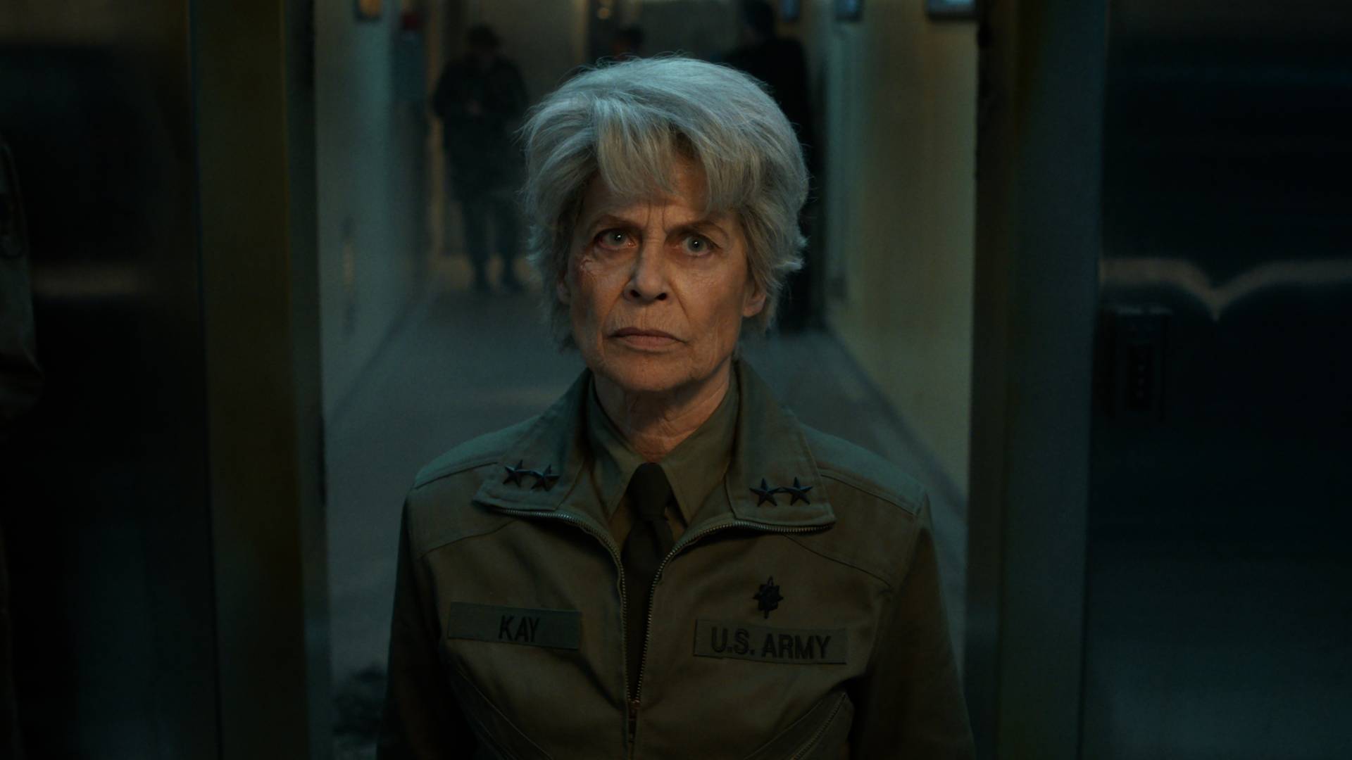Linda Hamilton as Dr. Kay in Stranger Things season 5 volume 2, wearing a military uniform