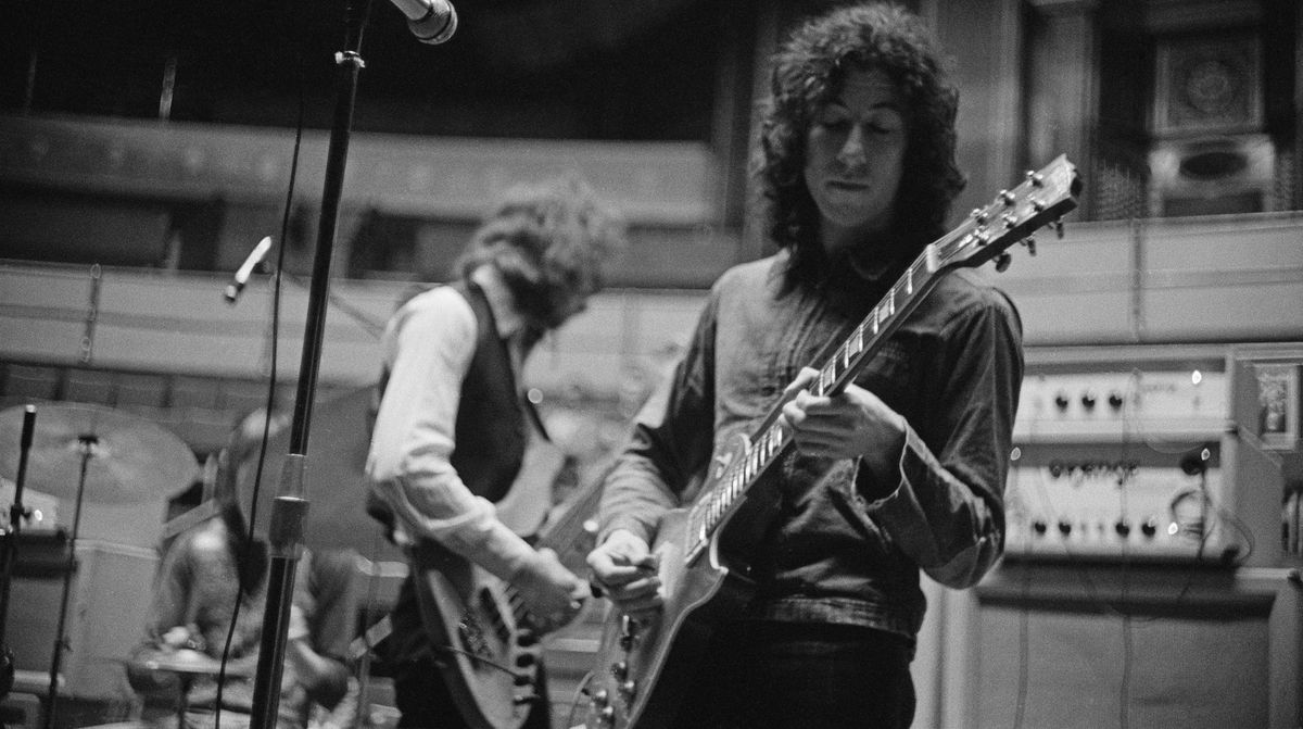 Peter Green (right) and bassist John McVie of Fleetwood Mac rehearsing at the Royal Albert Hall, London, April 22, 1969.