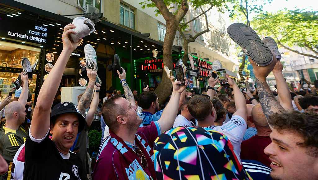 Football fans of Aston Villa gather around Taksim Square