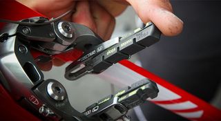 A close up of SwissStop rim brake pads