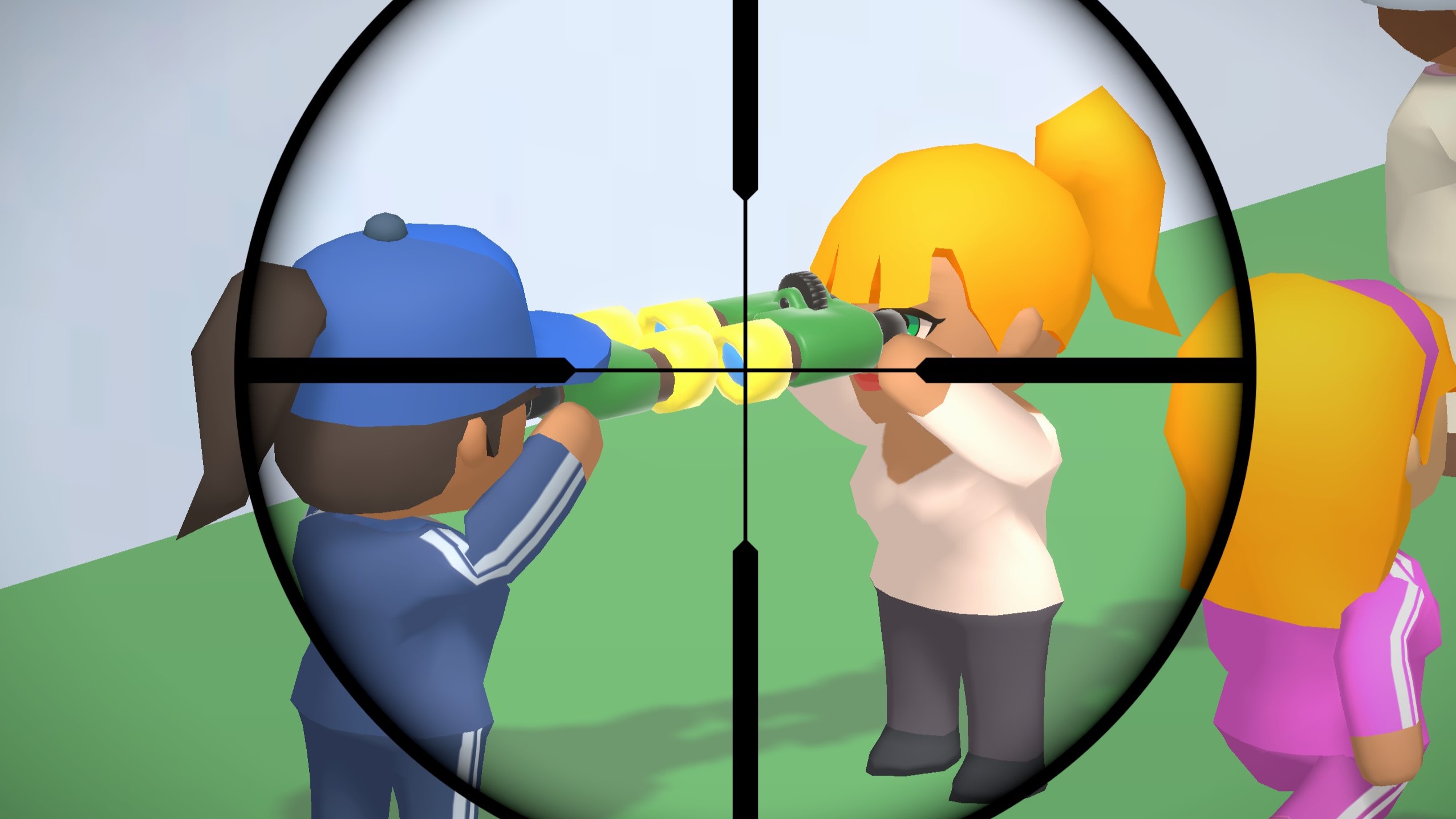 Through a sniper's scope, the player views two women staring at each other through binoculars at point-blank range.