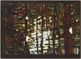 A painting of a white, concrete residential building through dense woodland