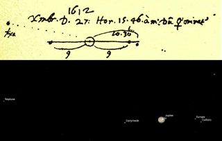 Unbeknownst to him, Galileo Galilei observed Neptune in 1612, long before it was officially discovered more than 200 years later. In his sketch of Jupiter and its moons from Dec. 27, 1612, Galileo noted a bright "star" to the far left of Jupiter — the planet Neptune. The lower panel shows the event replicated using the SkySafari 5 app. Notice that Galileo marked the positions of some of Jupiter's moons — Ganymede, at left, and Europa and Callisto, at right. His telescope was far too small to capture tiny Io crossing in front of the planet.