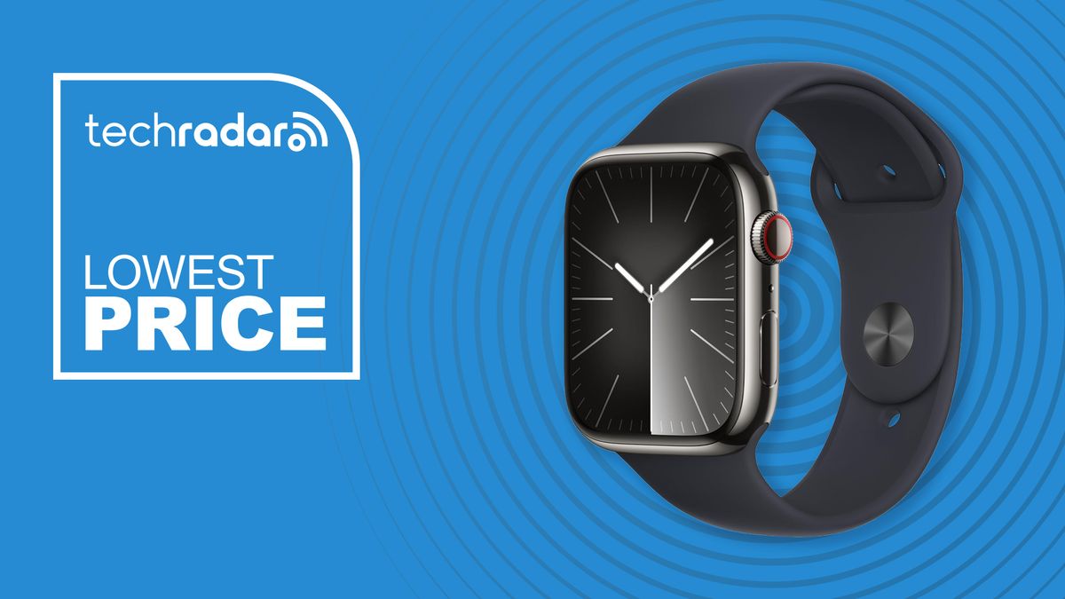 Apple Watch series 9 on a blue background with the text &#039;lowest price&#039;