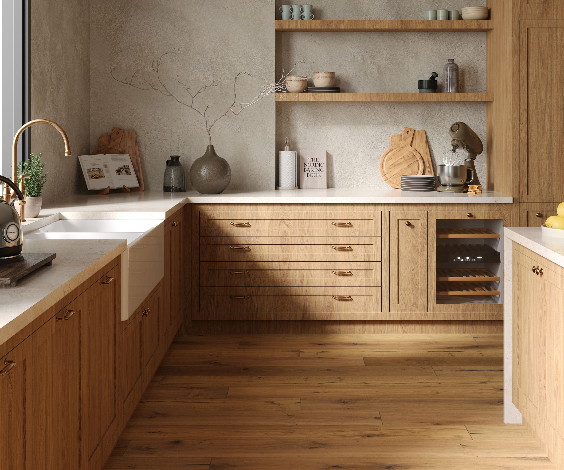 modern wooden kitchen with wooden flooring