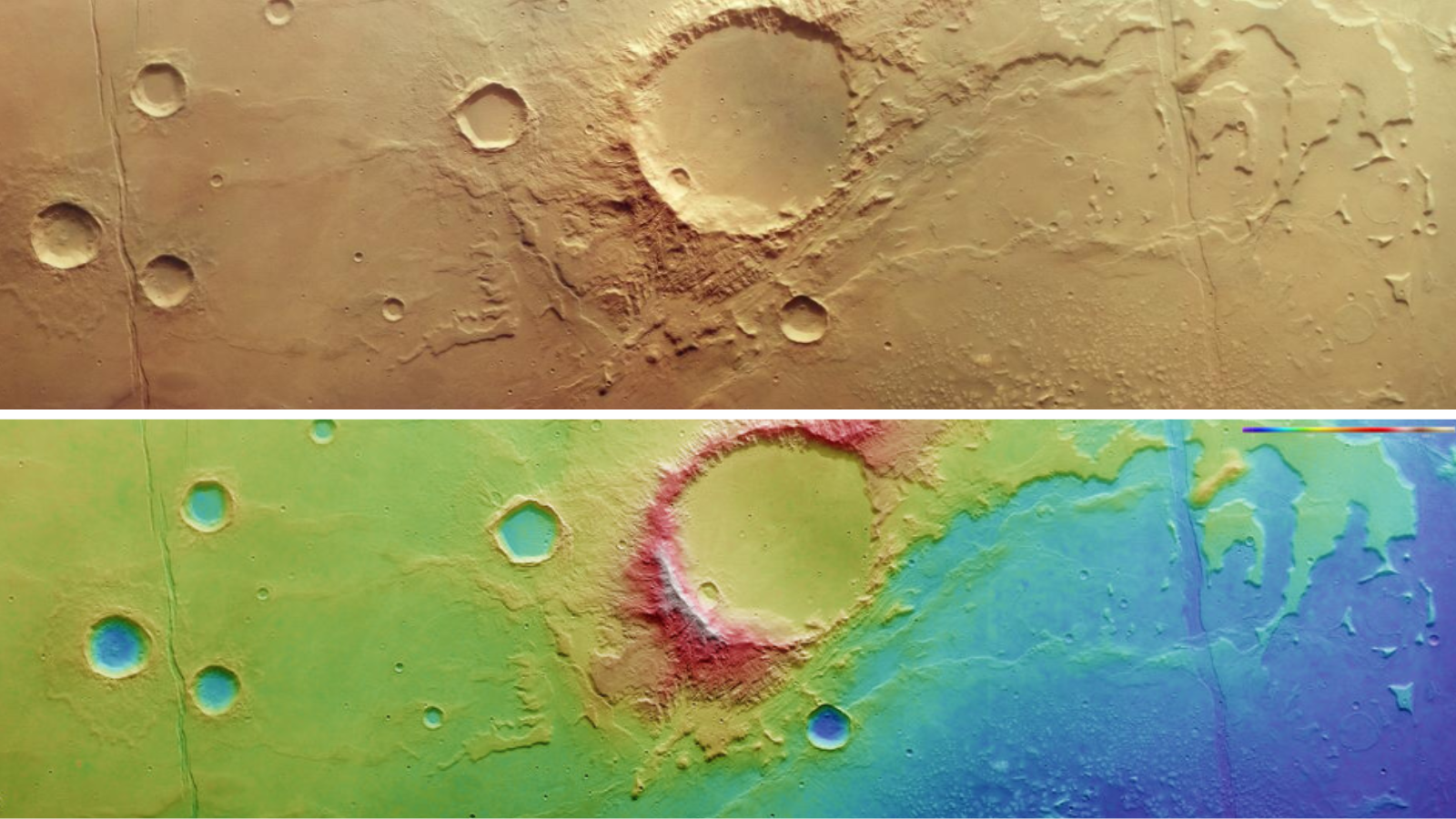 This tan-coloured slice of ground is smoother to the left and becomes covered in small hills and mounds to the right. Wriggly, uneven ridges cut horizontally across the frame, while two prominent fault lines cut down vertically on the left and right. Large and small craters are peppered across the terrain. The worn-away boundaries of a once-colossal lakebed can be seen curving up and away from the bottom-centre to the top right; this skirts around the largest crater seen here, which sits in the middle of the picture encircled by rough, irregular valleys and channels.