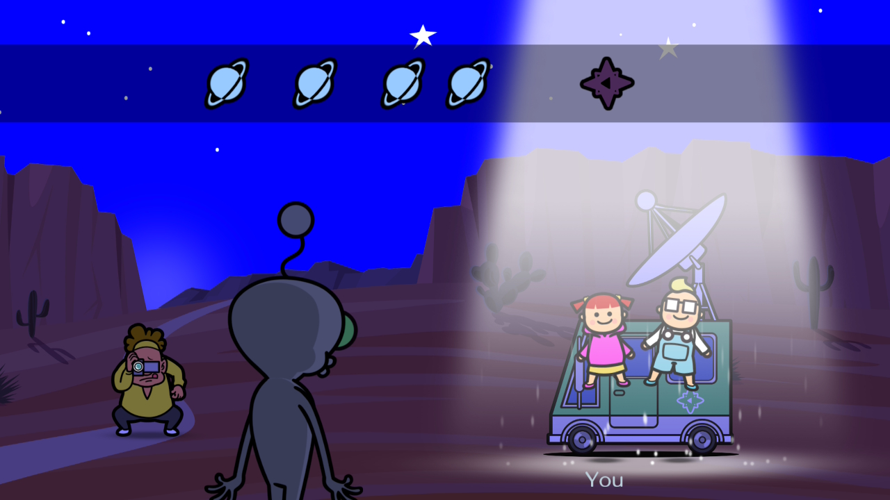 Two people float into a traction beam in front of their truck in Rhythm Heaven Groove as they speak with an alien - all while someone else records it on a handheld camera