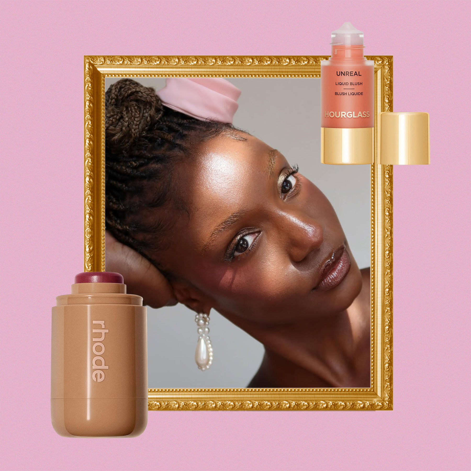 Camri Hewie and a selection of blushes for the "Watercolor Blush" trend