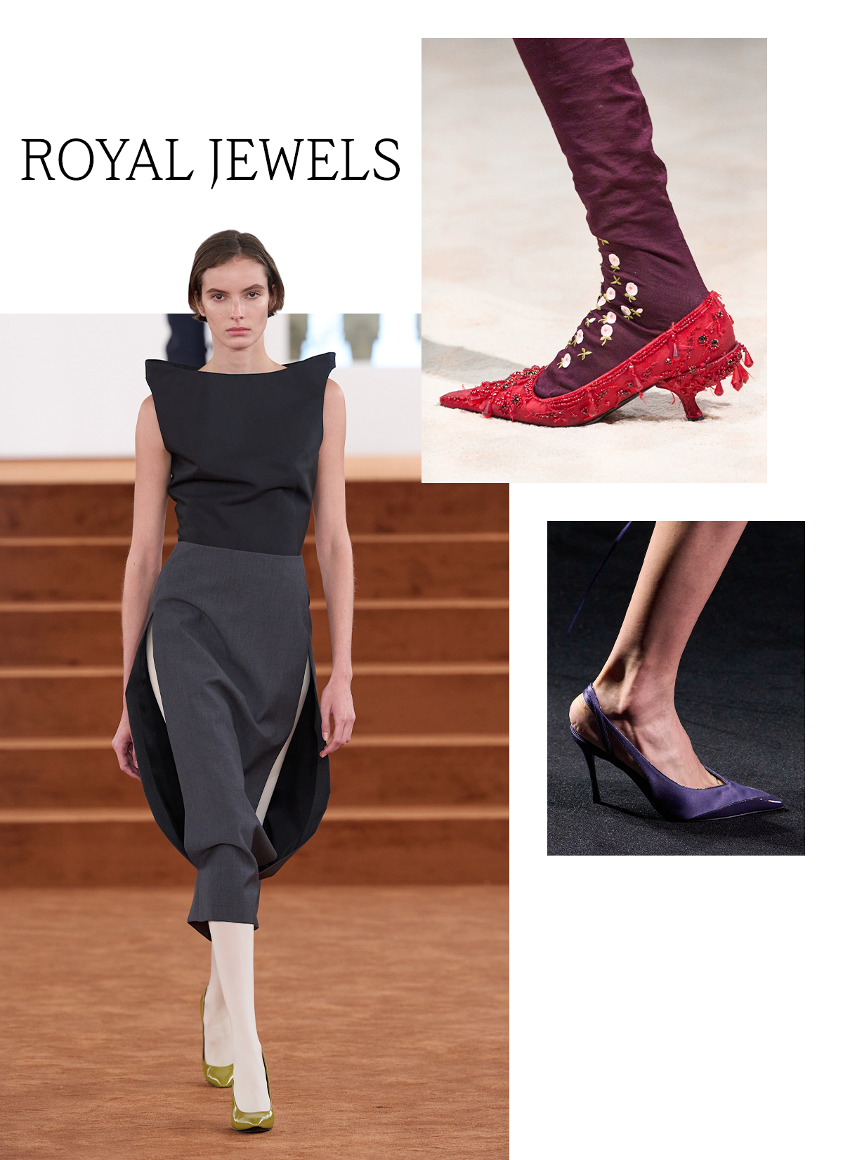 A slide showcasing the fall/winter 2026 jewel-tone shoe trend with the title, "Royal Jewels" on it. Models at Jil Sander, Prada, and Ferragamo are featured.