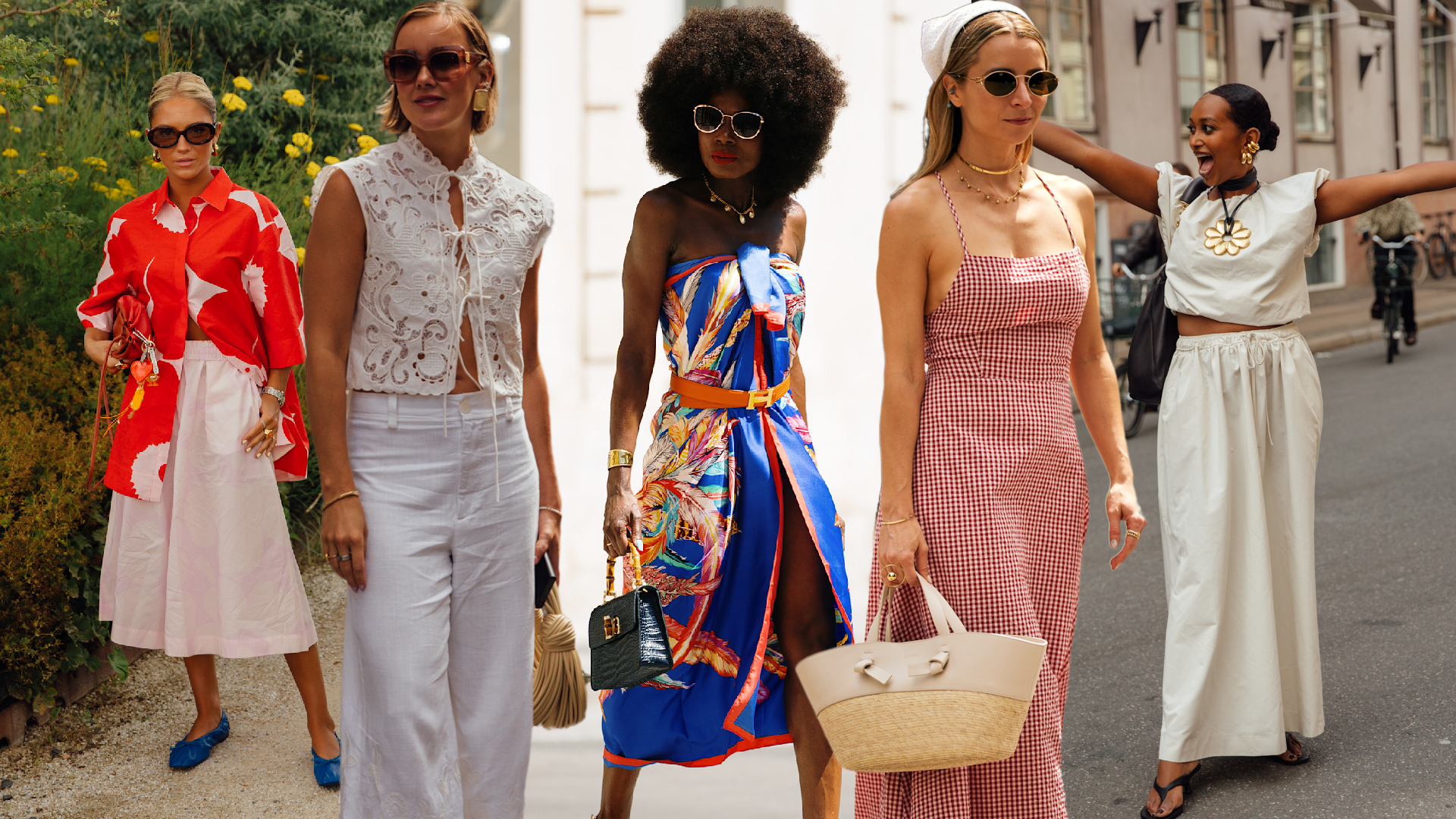 A collage of women in colorful European summer vacation outfits